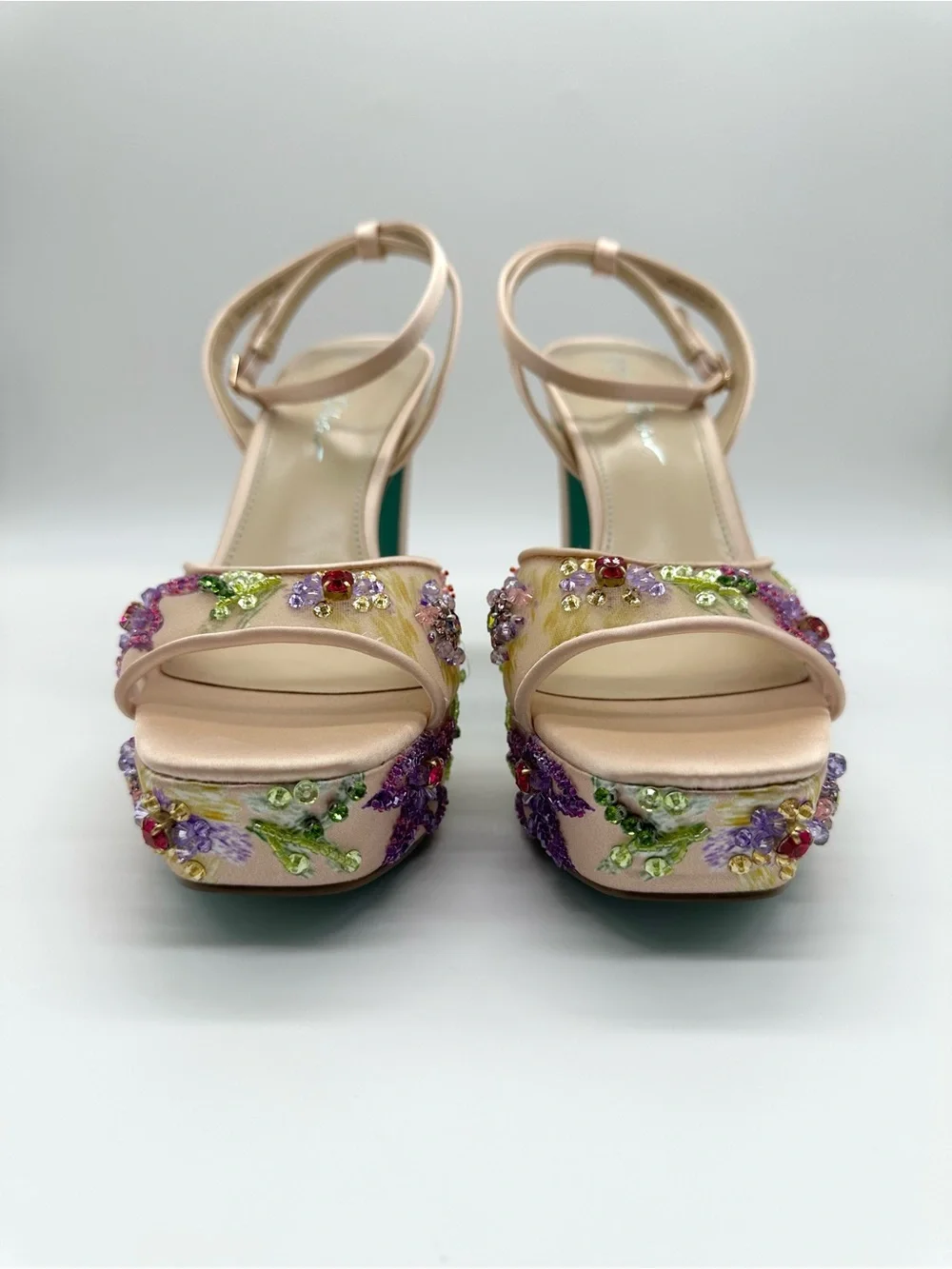 Betsey Johnson Viven Beaded Floral Platform Sandals Nude Teal Size 10 NWOB